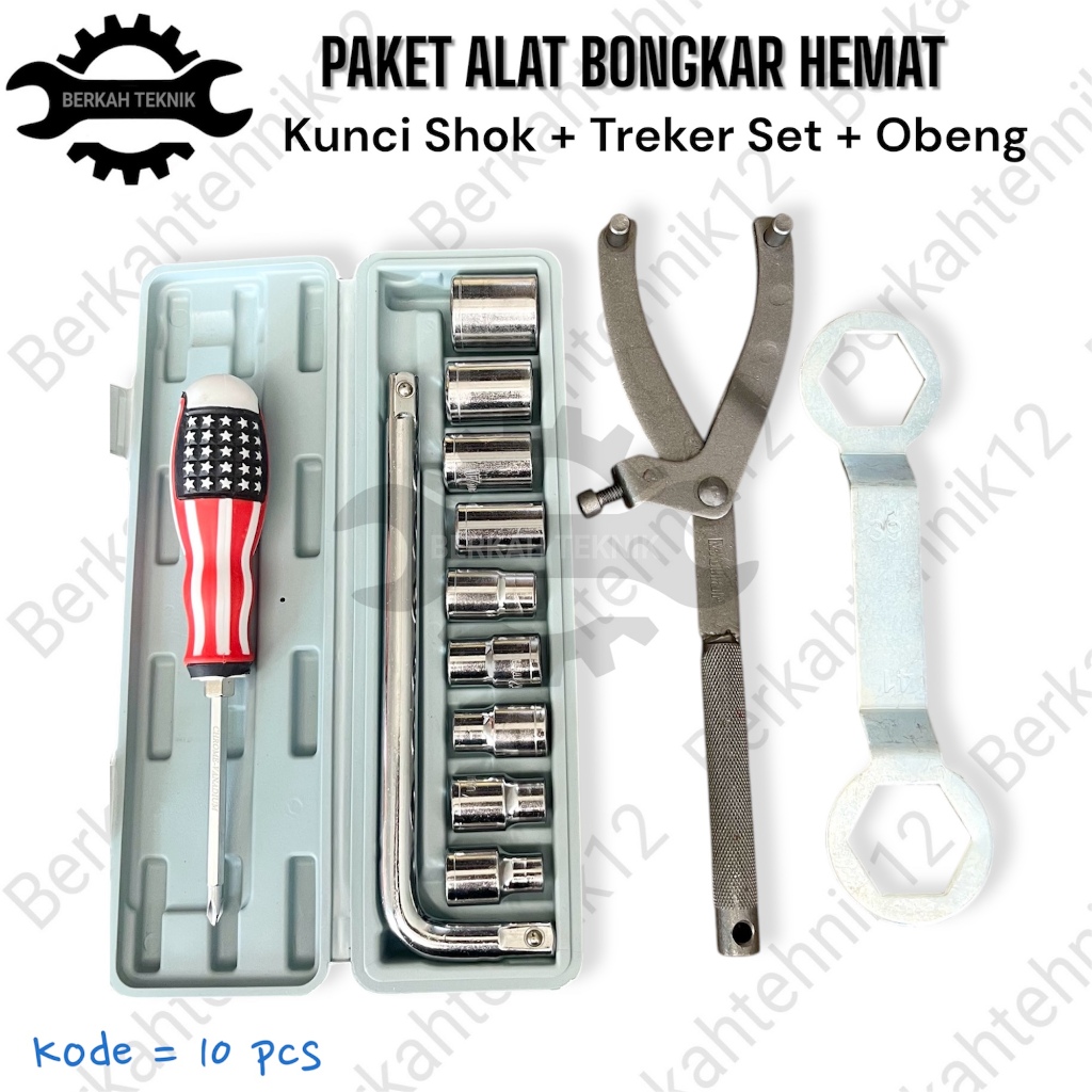 Kunci Sok Shok Socket Set 10PCS New Deland + Treker Kunci CVT Set Kunci Kopling Bonus Drei Obeng Mag