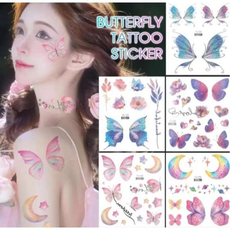 Tato Stiker Pipi Stiker Tato Wajah Bentuk Kupu-Kupu/Stiker Sayap Kupu-Kupu Berkilau Tatto Temporer,T