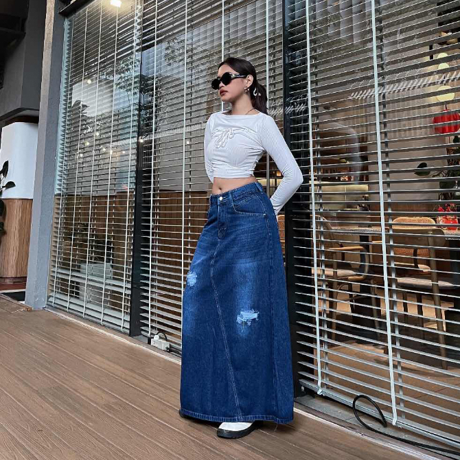 Havila - Rok Jeans Panjang Sobek Bahan Premium Quality - Rok Jeans Panjang Lucu - Jeans Rok Wanita K