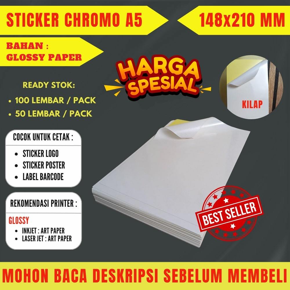 

STIKER LABEL CHROMO UKURAN A5 / STICKER CHROMO A5 UK 148 X 210MM