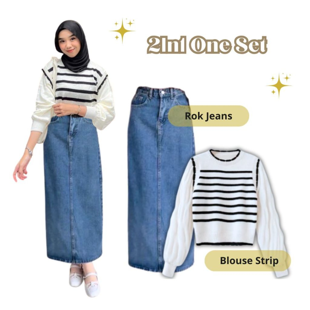 One Set Nadine Sweater Knit Rajut Fashion Korea Wanita (Theana Rok Jeans + Sweater Knit Rajut Putih)