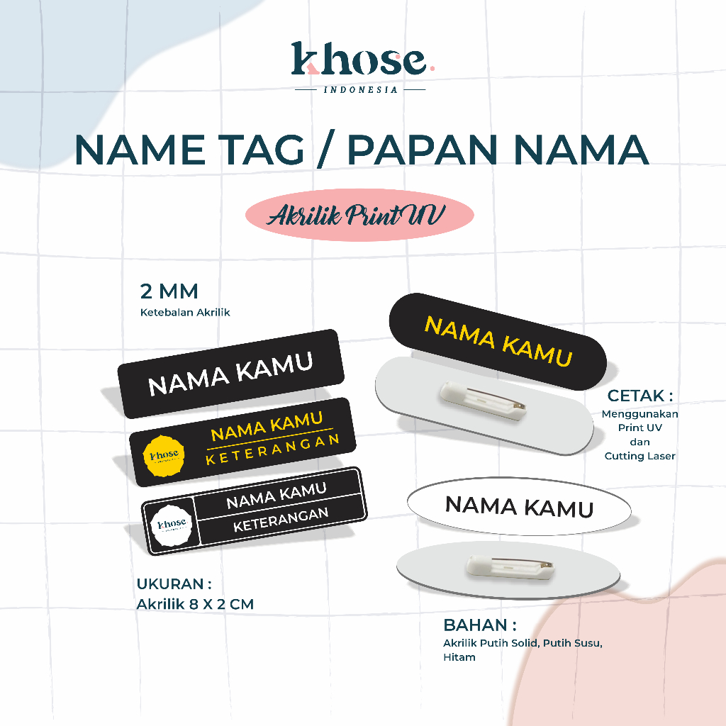 

Name Tag Akrilik 8 x 2 cm Print UV / Custom Papan Nama / Nametag Custom
