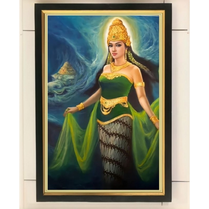 hiasan dinding lukisan cetak nyi Roro kidul plus bingkai ukuran 65×45