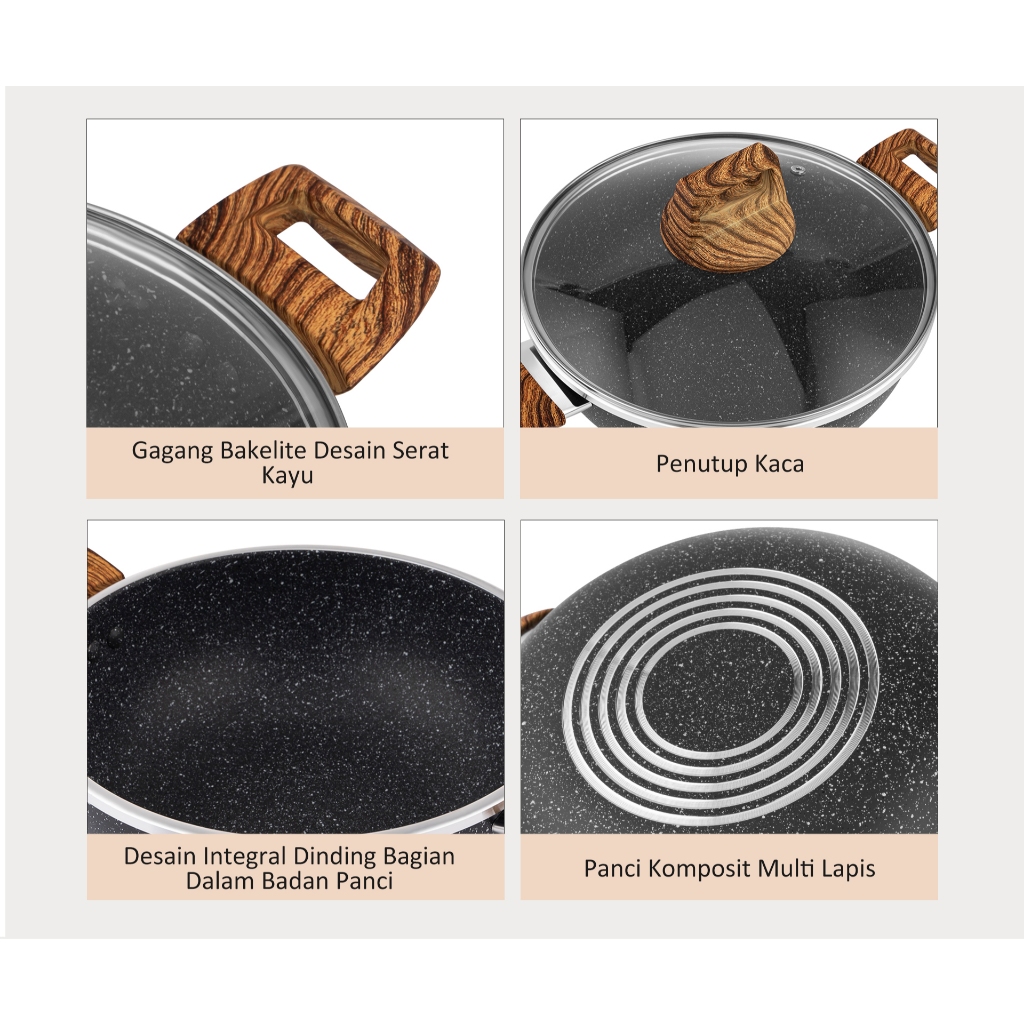 freemir Wajan Panci Kuping 24 CM Anti Lengket Woody Marble Tutup Kaca