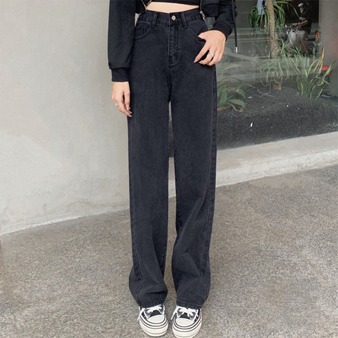 Abu-abu celana jeans wanita highwaist kulot loose jeans Celana panjang lurus longgar Biru retro/Hita