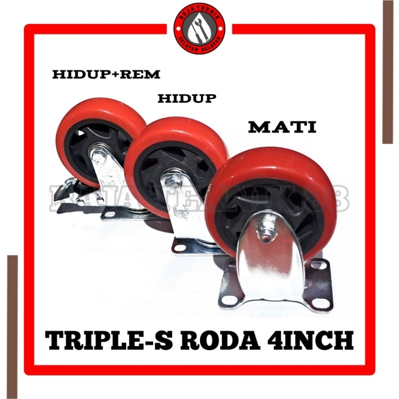 RODA PVC TRIPLE S 4" INCH HIDUP MATI REM DOUBLE BEARING TROLLEY TROLI TROLLY WHEEL KARET GEROBAK RED