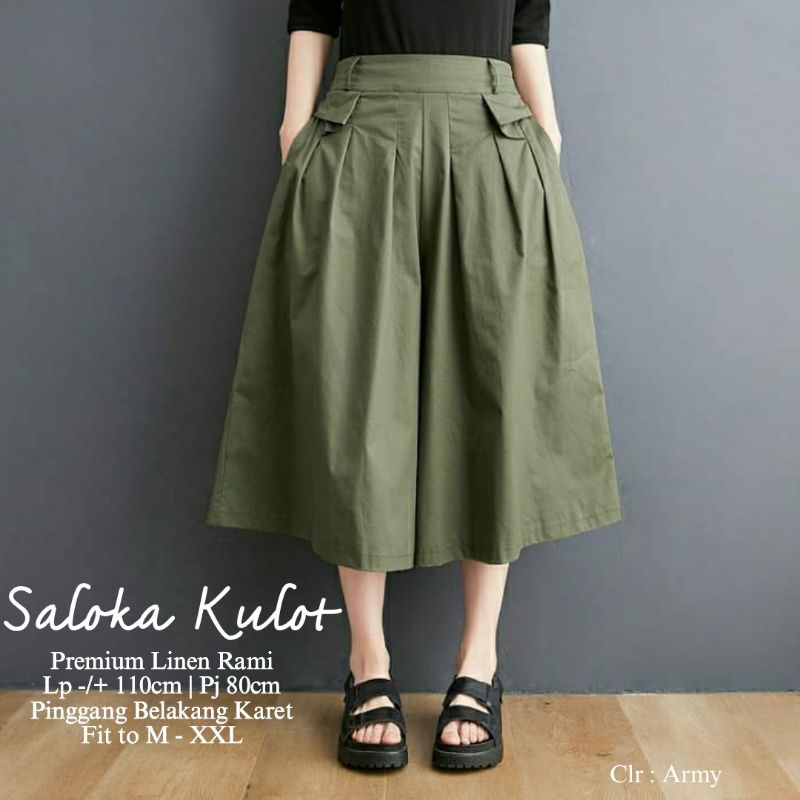 SALOKA KULOT WANITA MODEL 7/8. KULOT JUMBO PINGGANG BELAKANG KARET. KULOT BAHAN LINEN