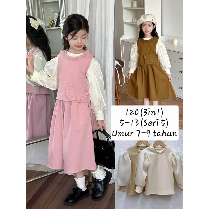 Setelan 3 IN 1  rok panjang rok pendek warna pink army coklat tua coklat muda untuk umur 3-8Thn