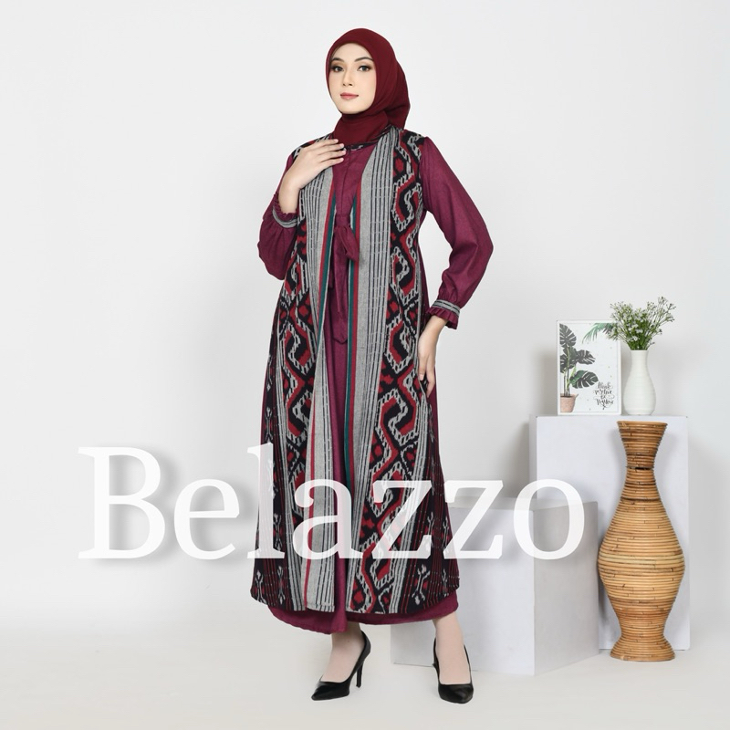 Belazzo Gamis Tenun Liana Luxury Dress Muslim Wanita Modern Warna Burgundy - Gamis Tenun Wanita Leba