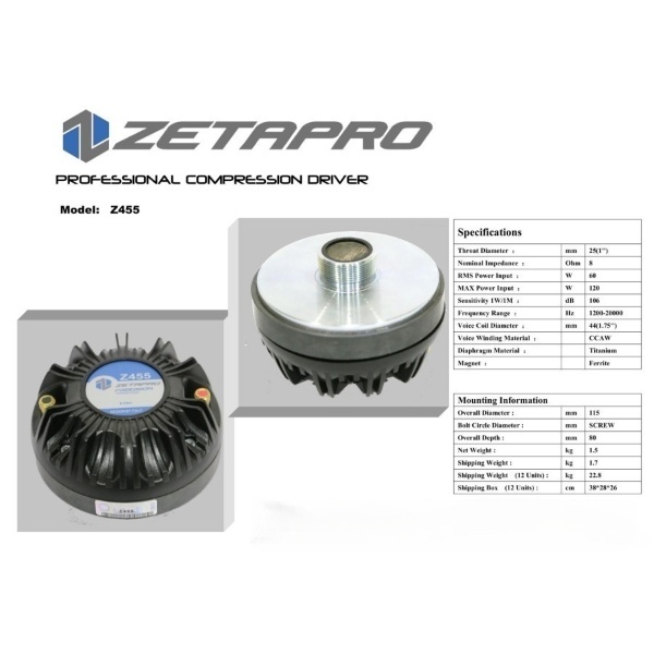 Driver Tweeter ZETAPRO Z455 Drat Voice Coil 44.4 Driver Twiter ZETAPRO Z 455 120 Watt Coil 1.75 Inch