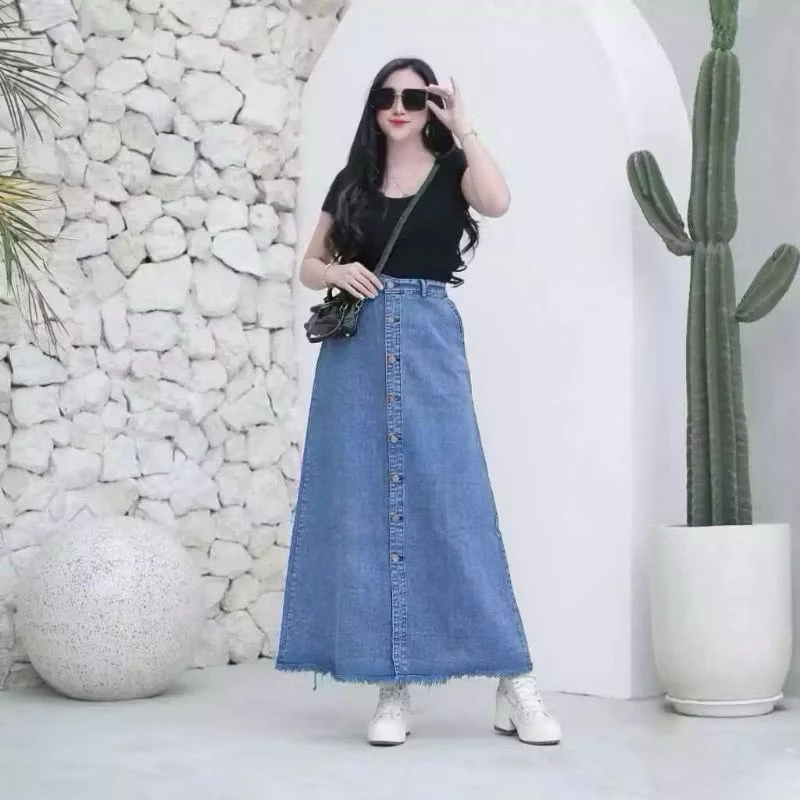 rok jeans wanita rok rawis kancing rok panjang wanita  rok rawis panjang  rok button skirt jeans