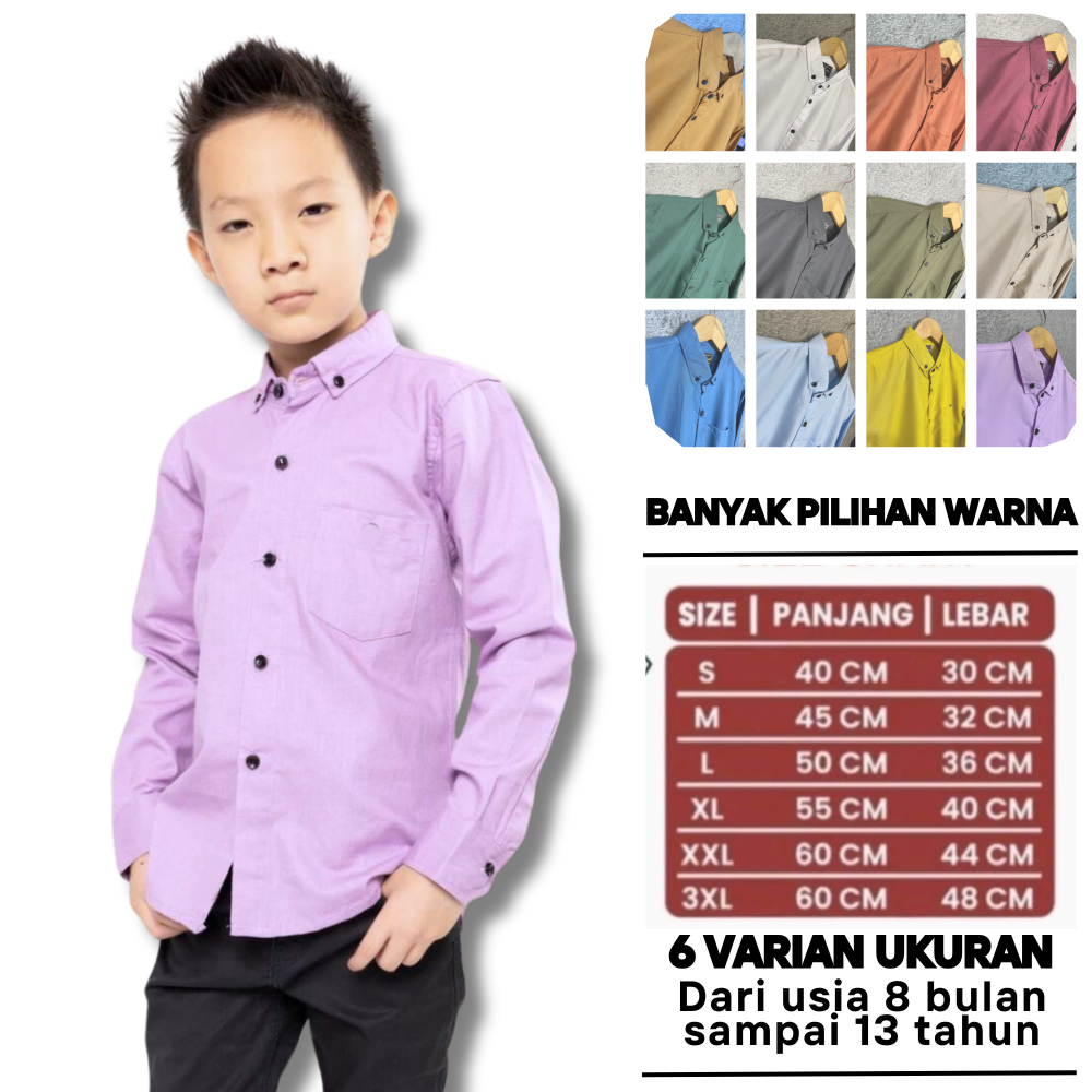 Kemeja Anak Laki laki Polos Lengan Panjang Import umur 1 - 13 tahun | Baju Balita Polos | Pakaian ba