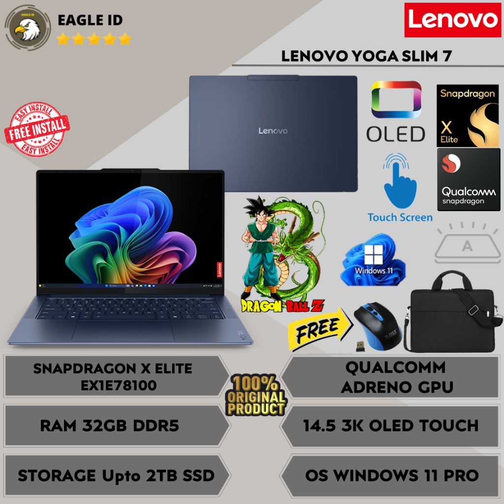 Laptop Lenovo Yoga Slim 7 Snapdragon X ELITE X1E78100 Ram 32GB DDR5 2TB SSD 14.5'' 3K OLED Touch Win
