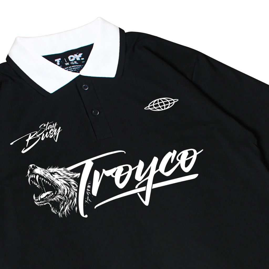 Troy Company Cotton Rugby Polo Shirt Black Wolf Roar - Kaos Polo Hitam PR 2962