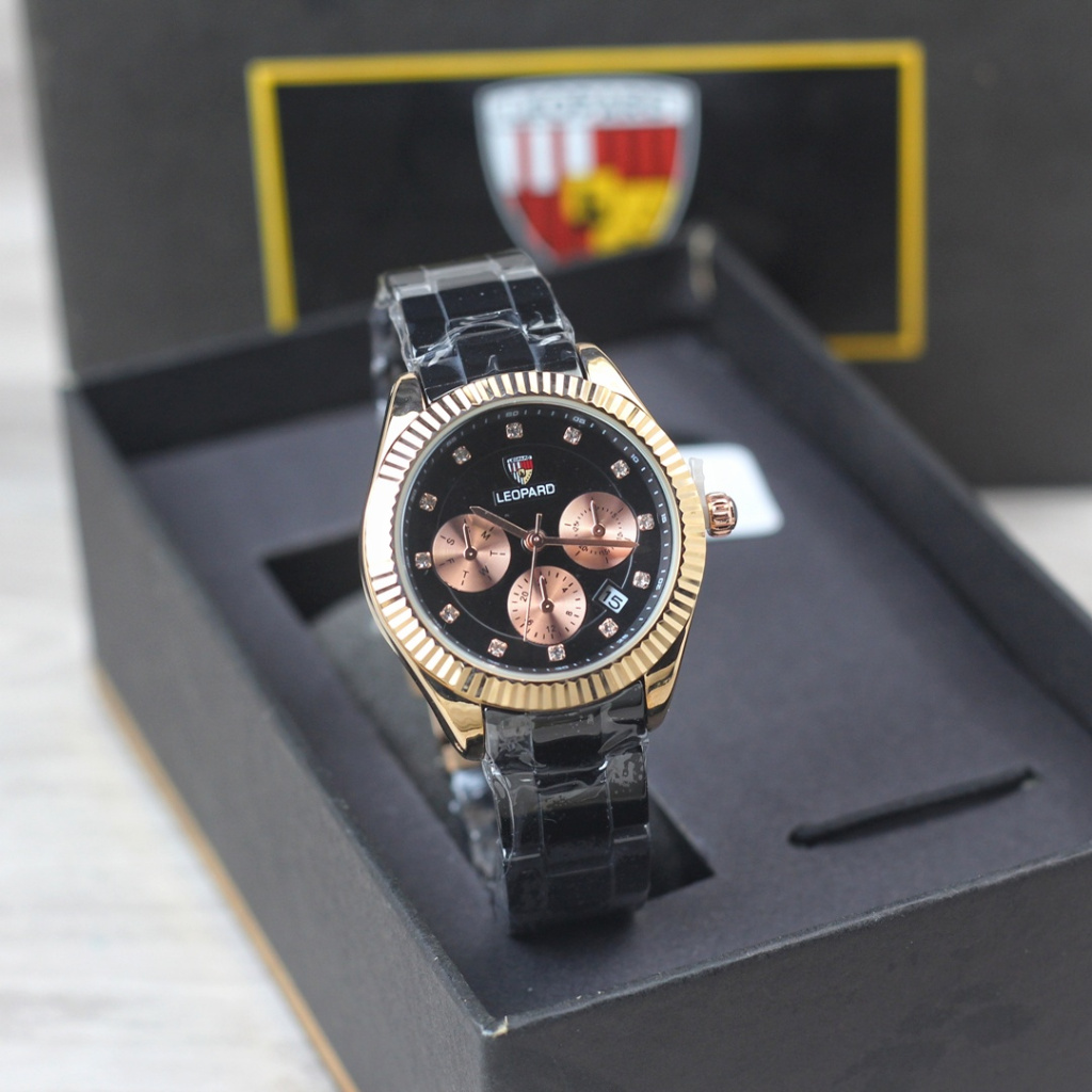 Jam tangan wanita Leopard 6237 tanggal aktif chrono off tali keramik bulat analog original