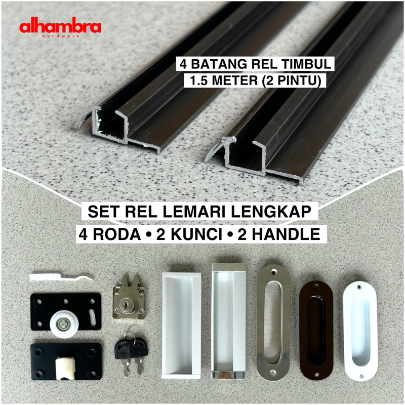 Set Rel Lemari Sliding Model Timbul 380 2 Pintu , Rel Lemari Geser Lengkap Dengan Roda Kunci Handle