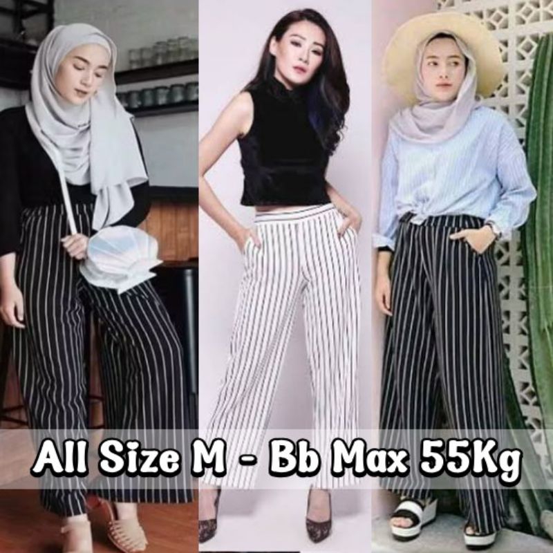 KULOT SALUR YOMI. Kulot Salur Bahan Spandex Hitam & Putih. Kulot Motif Garis Vertikal