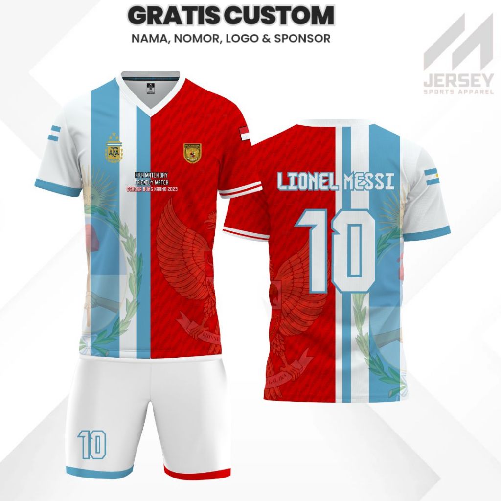 Baju Olahraga Jersey Bola & Futsal Support timnas INDO X ARGNTN Full Printing Gratis Custom Nama, No