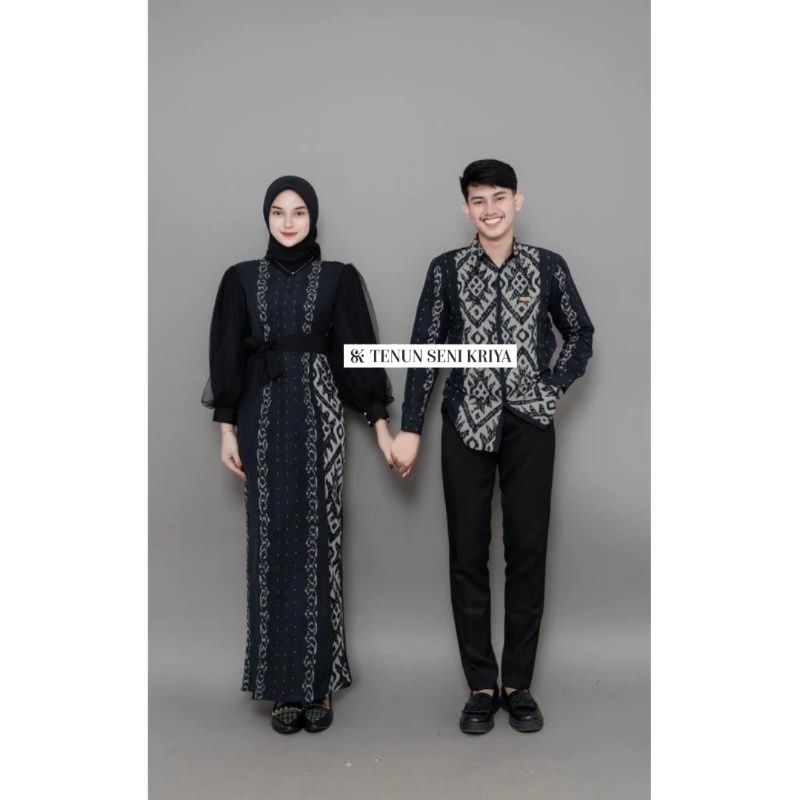 Set Baju Couple Tenun Hitam Kombinasi Tile Toyobo - Gamis Couple Elegan Modern Kemeja Tenun terbaru 