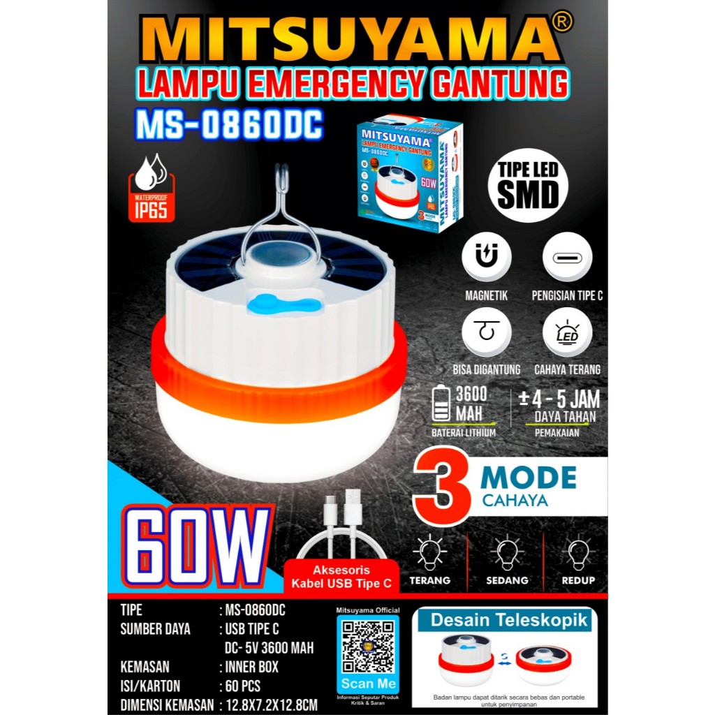 Lampu Emergency Gantung 60Watt IP65 Mitsuyama MS-0860DC / Lampu Darurat 3 Mode Cahaya