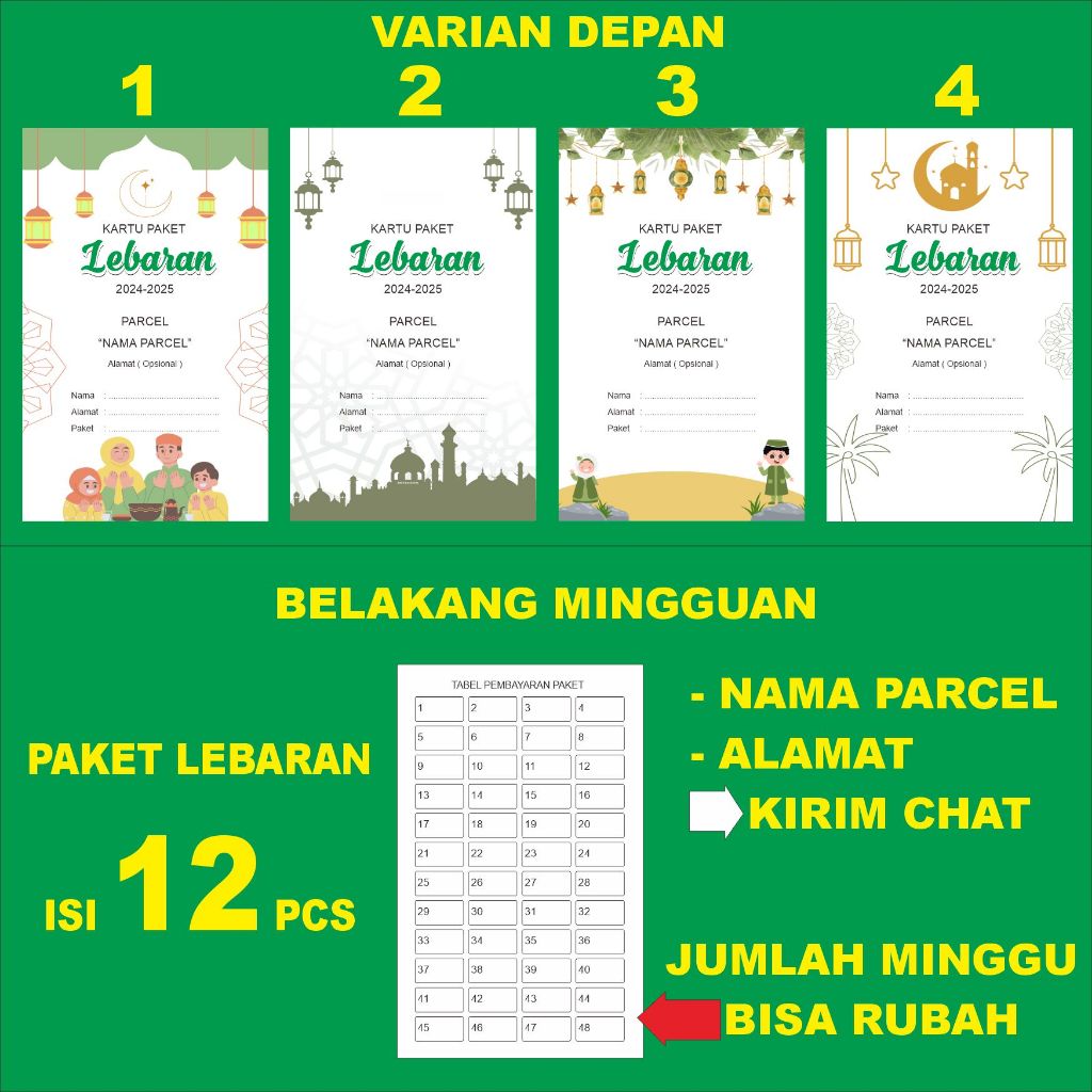 

KARTU PAKET LEBARAN MINGGUAN ISI 12 PCS BULANAN CUSTOM NAMA PARCEL DAN JUMLAH ANGSURAN