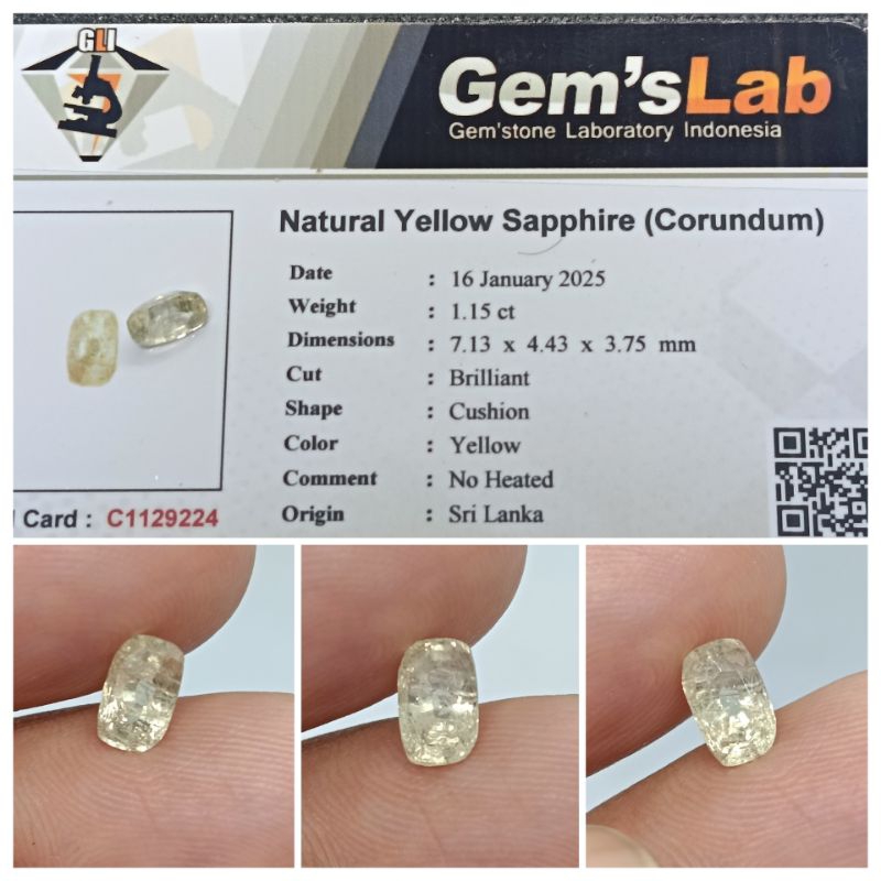 Natural Yellow Sapphire Ceylon Top Luster 1,1 ct memo GLI Safir Srilanka Full Kristal No Heat