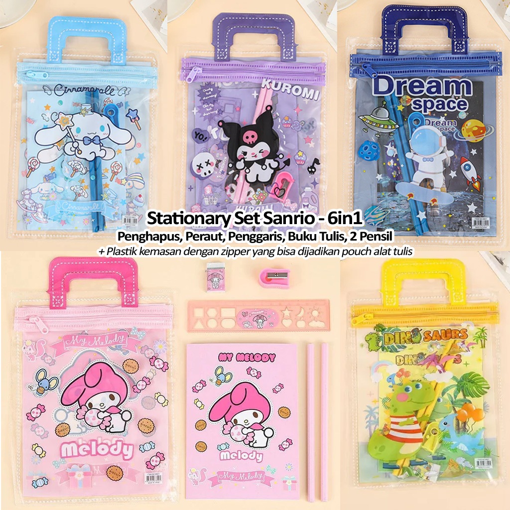 

Stationary Set alat tulis 6in1 Sanrio Kuromi Cinnamoroll Melody isi pensil penghapus peraut penggaris buku tulis dengan plastik zipper warna sangat cantik cocok untuk belajar anak sekolah PAUD Preschool TK SD