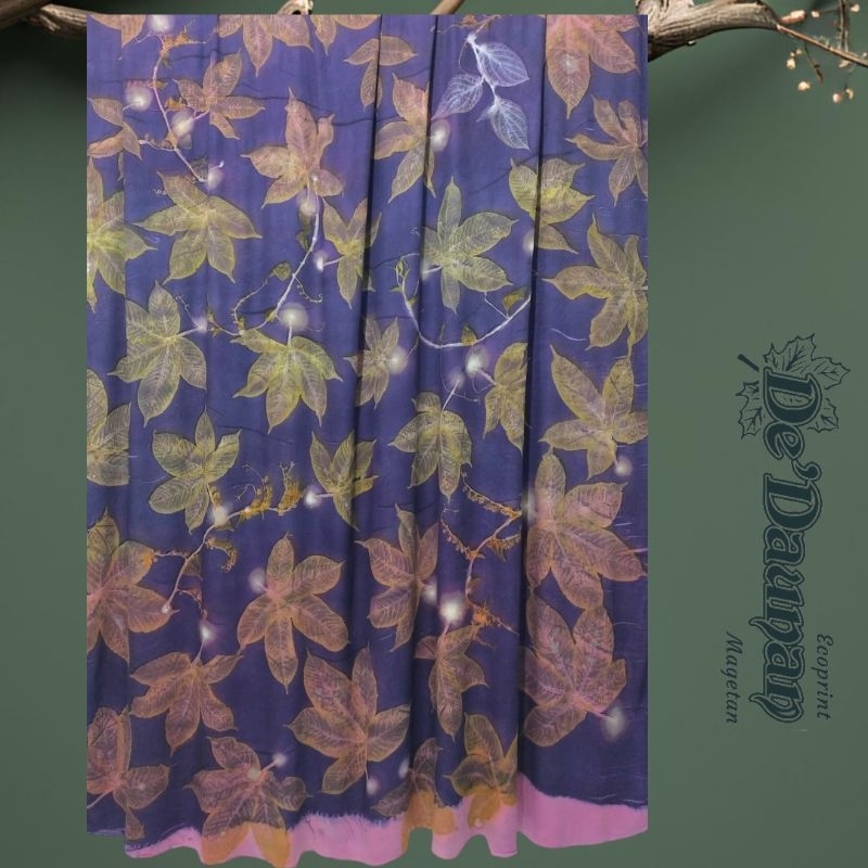 kain viscose sateen ecoprint batik warna alam motif cetak daun asli