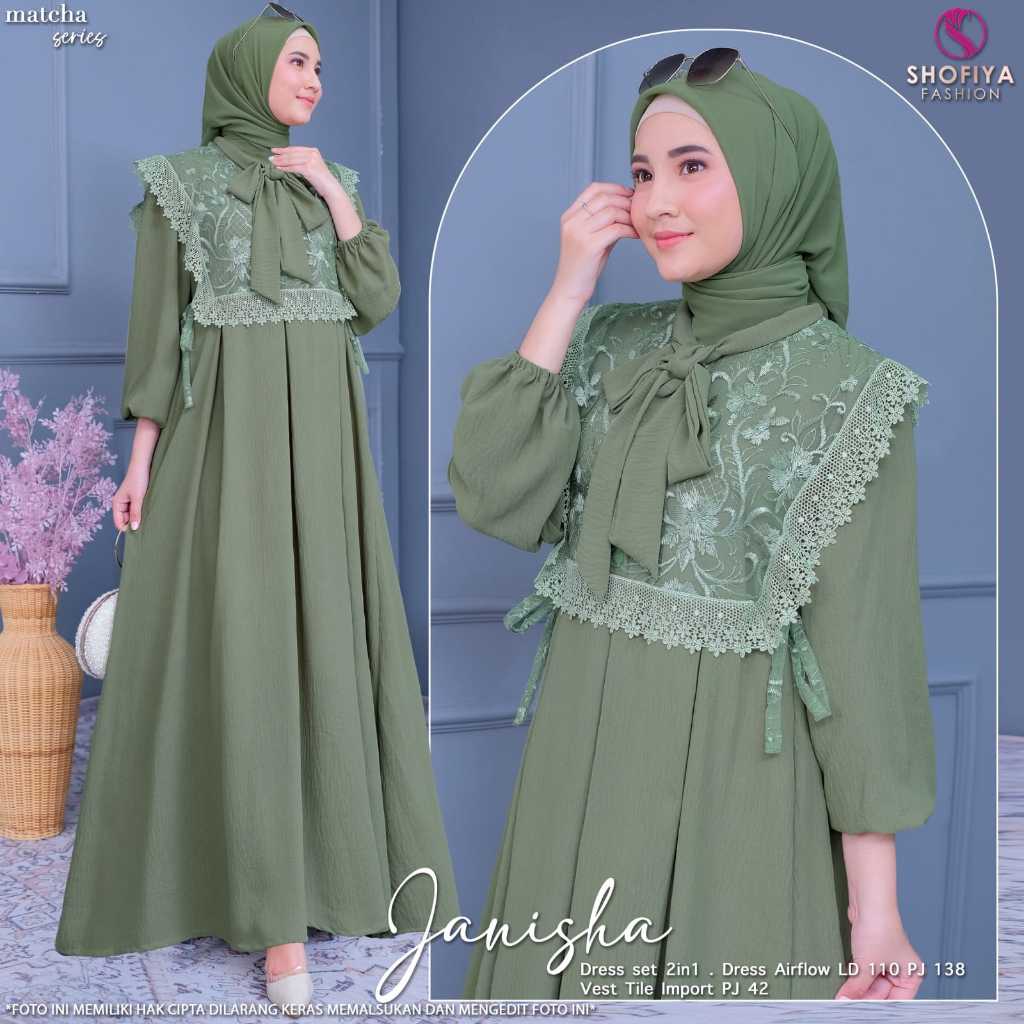 Janisha Gamis Pesta 2 in 1 Set Inner dan Outer Brukat Kondangan Model Terbaru Dress Mewah Lebaran