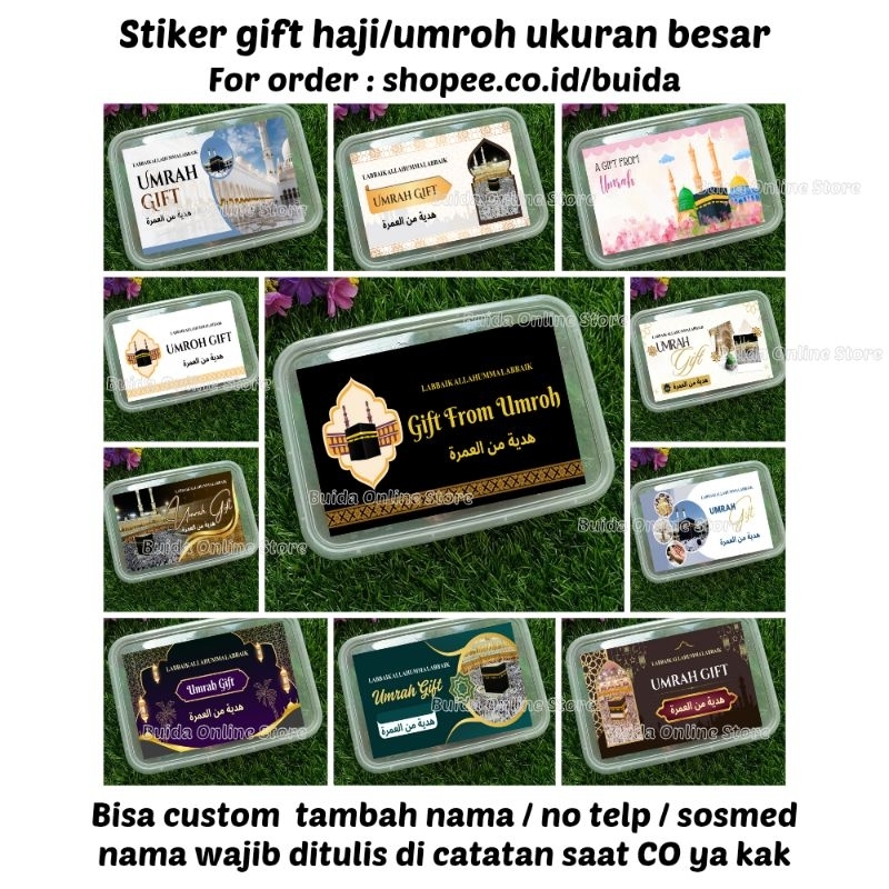 

Stiker A Gift From Umroh Haji Label Sticker Kemasan Bingkisan Souvenir Hampers Hadiah oleh-oleh bisa custom tambah nama tulisan hajj dan ukuran label thinwall dus box mika paperbag kotak persegi panjang