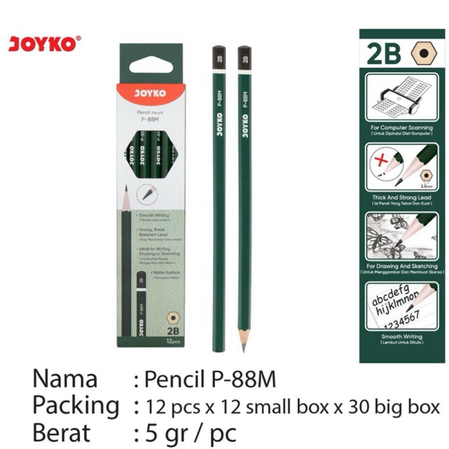 

(12pcs) P 88M Pencil 2B warna Hijau Tua / Sketch Drawing P-88M P88M Joyko isi 12 pcs