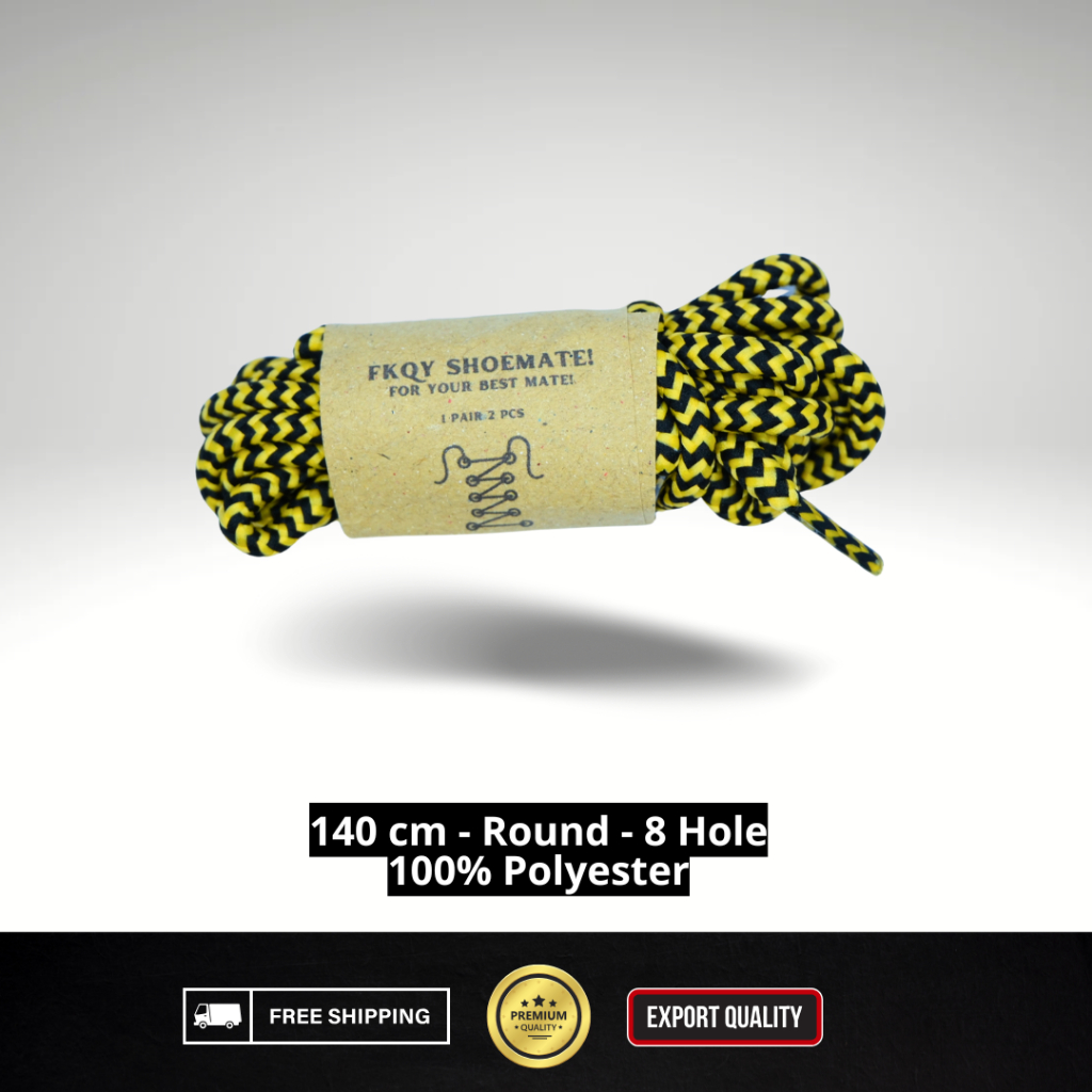 ForShoemate Tali Sepatu | Kuning Chevy Hitam  | Tali Sepatu Bulat 140 cm Tali Sepatu 8 Hole 8 Lubang