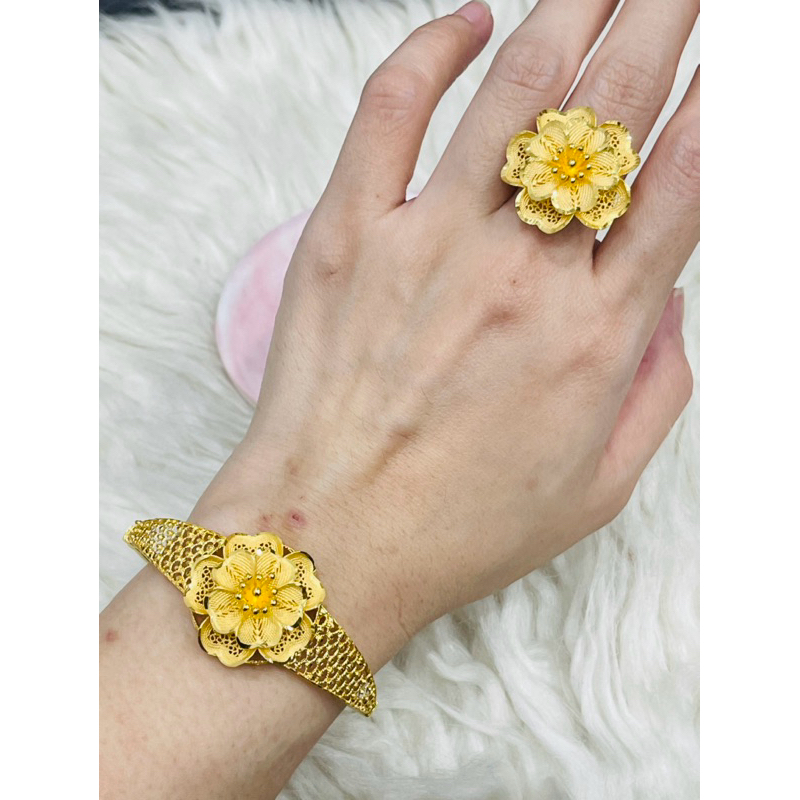 gelang plus cincin bunga kerawang kendari mewah elegant uk 15 adjust emas asli kadar 700