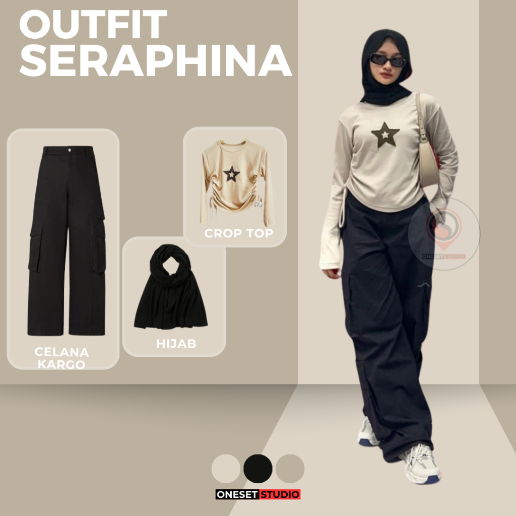 One Set Wanita Setelan Kampus (Croptop Tali + Celana Cargo + Hijab) OOTD Korean Style SERAPHINA