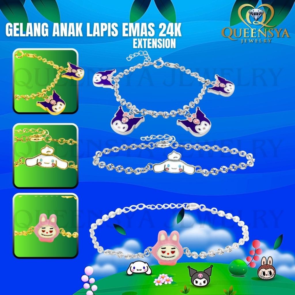 Gelang Anak Perempuan / Gelang Perak Anak / Labubu / Cinnamoroll / Kuromi Asli Silver 925 Lapis Emas