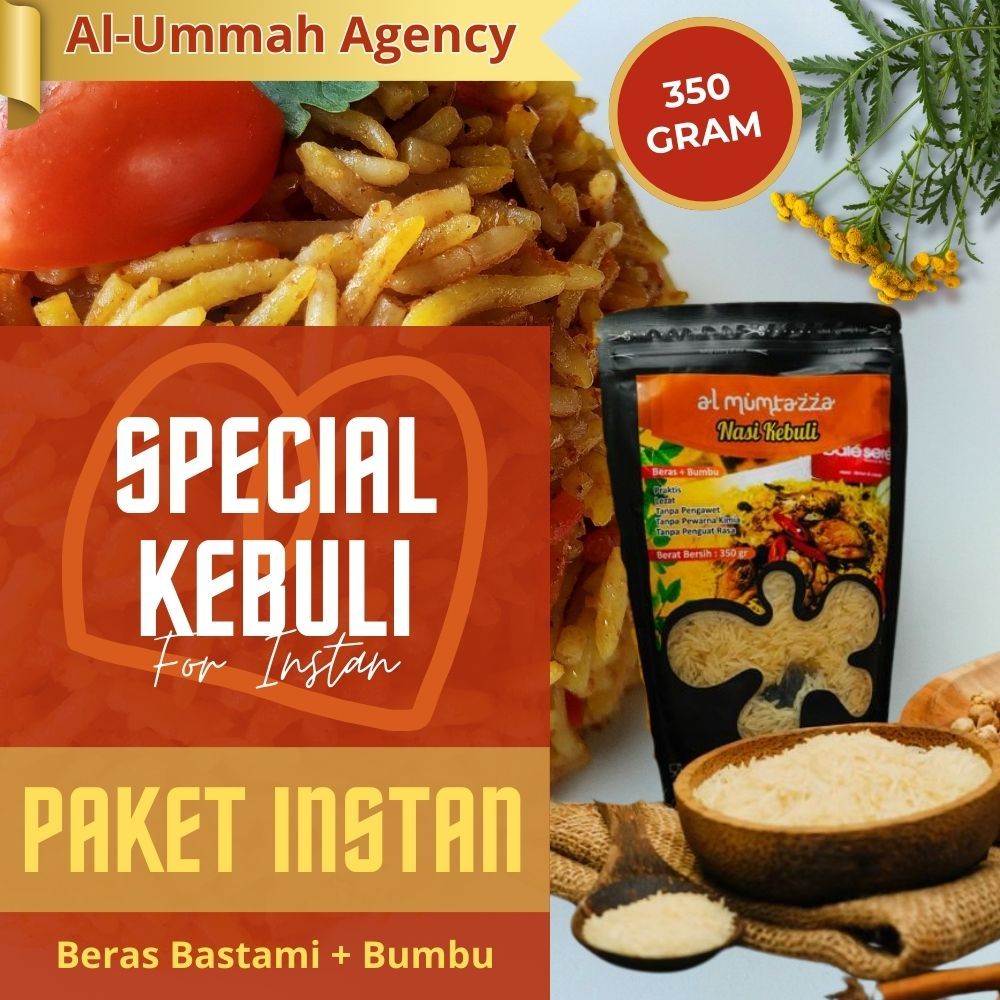 

Nasi Kebuli Paket Instan Beras Basmati dan Bumbu Kebuli Khas Timur Tengah Al-Mumtazza 350 Gram