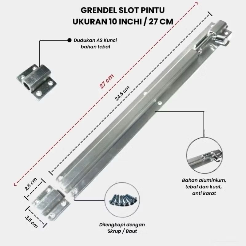 Grendel slot pintu size 10inch ( 27cm ) slot kunci pintu atas / bawah
