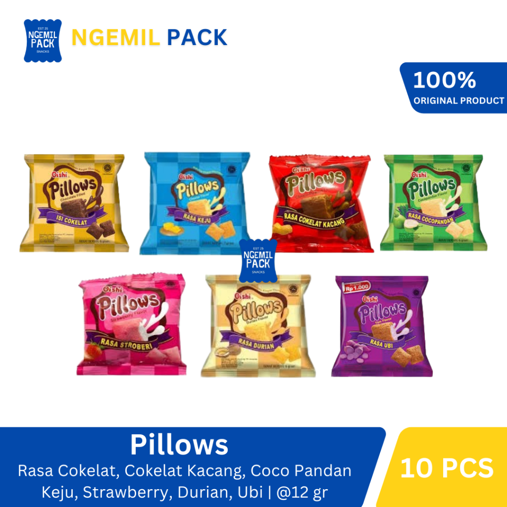 

Pillows Cokelat/Keju/Coco Pandan/Cokelat Kacang/Durian/Strawberry/Ubi Isi 10pcs @12Gr