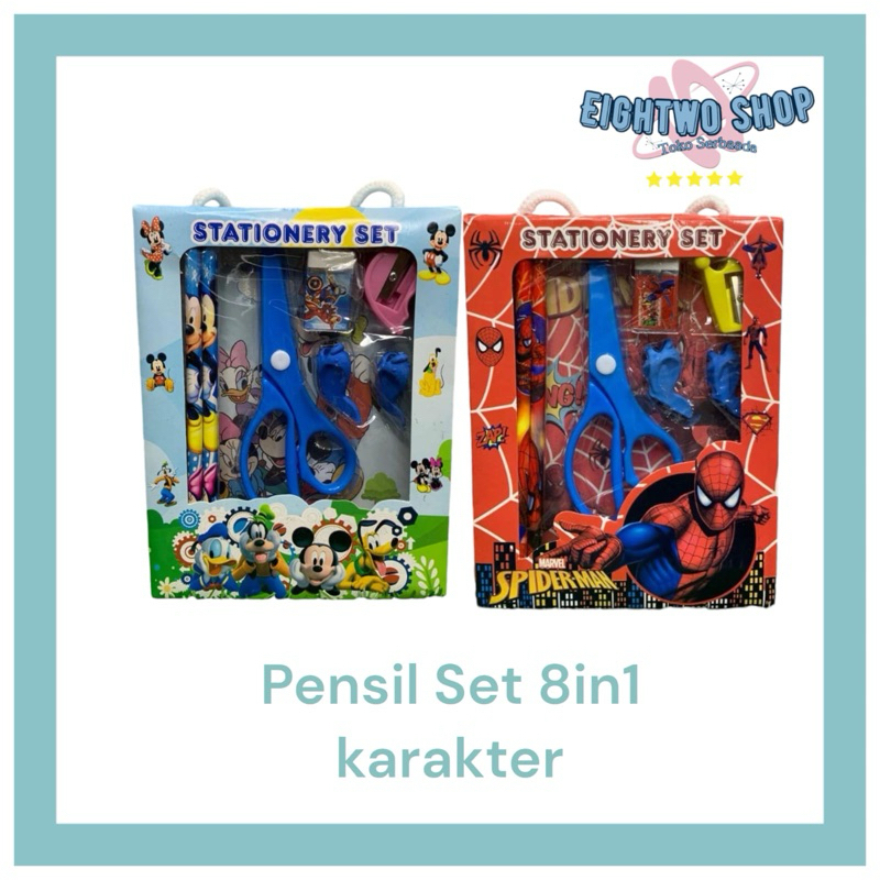 

Pensil Set 8in1 Karakter Lucu / Paket Alat Tulis Pensil Penghapus Penggaris Rautan Gunting Lem Kertas Silicone Pelindung Jari Gambar Kartun Imut / Mini Stationery Character 8 Pcs ATK Perlengkapan Menulis Anak Sekolah Hadiah Kado Ulang Tahun Goody Bag Unik