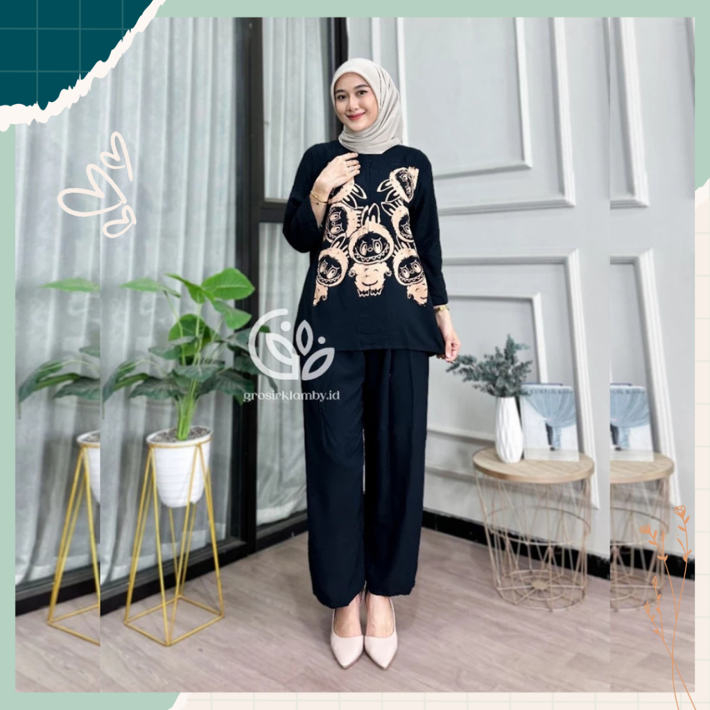 Setelan One Set Kulot Panjang Motif Labubu Fashion Muslim Wanita Oneset Daily Homey Jumbo Big Size B