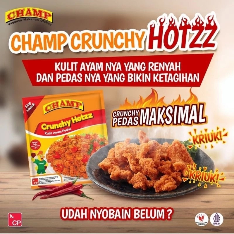 

CHAMP CRUNCHY HOTZZ 300GR KULIT AYAM GORENG CRISPY PEDAS HALAL