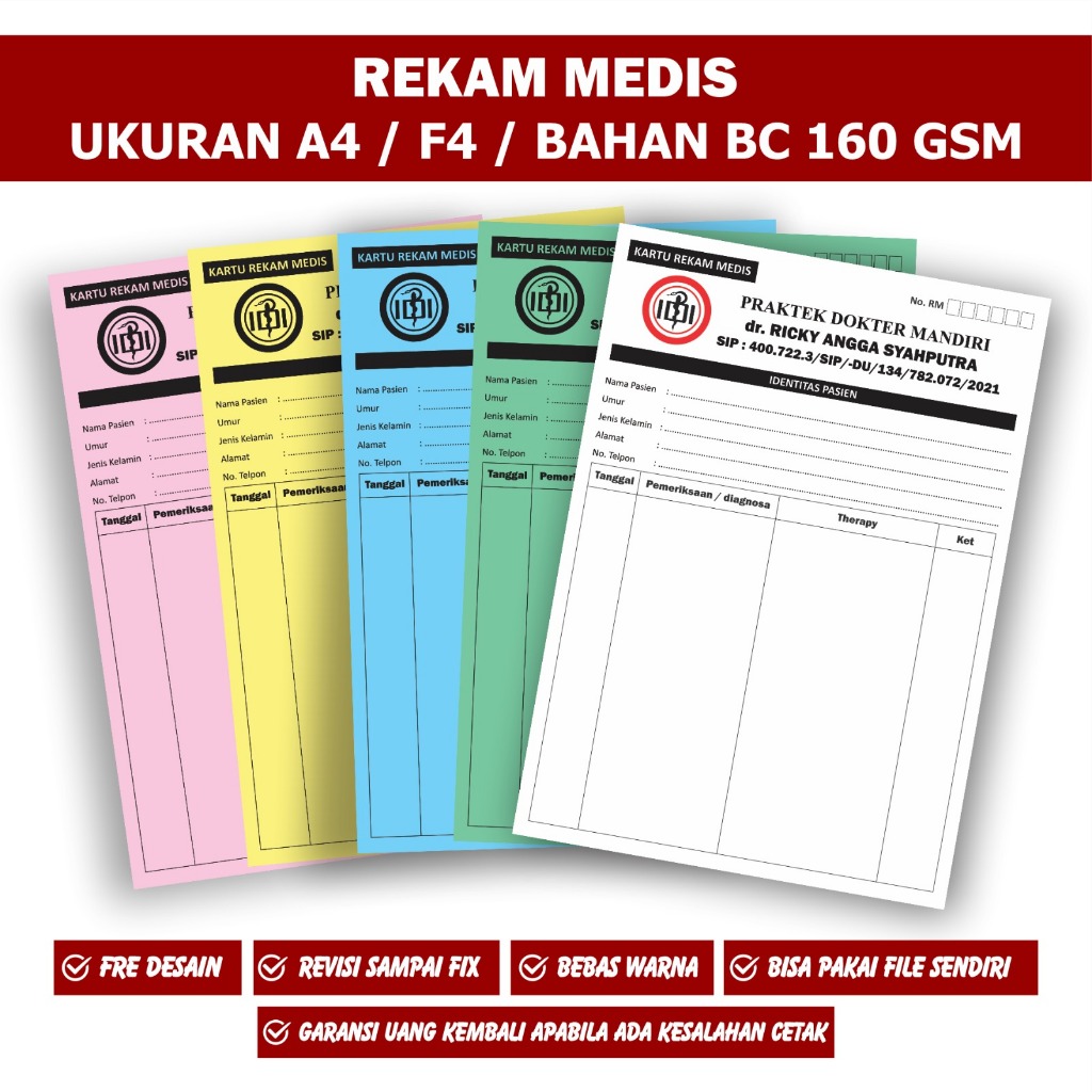 

Kartu Rekam Medis / Medical Record Card Ukuran A4 / F4 2 sisi