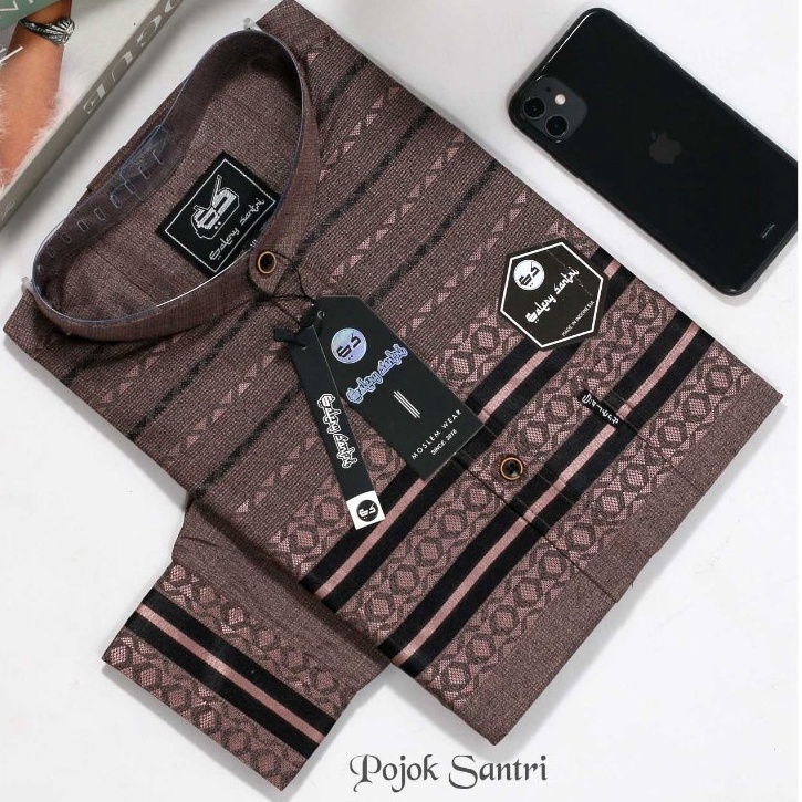 Galery Santri Baju Koko Kemeja Sanghai Lengan Panjang Pria Dewasa Motip Salur Hitam Kaltim