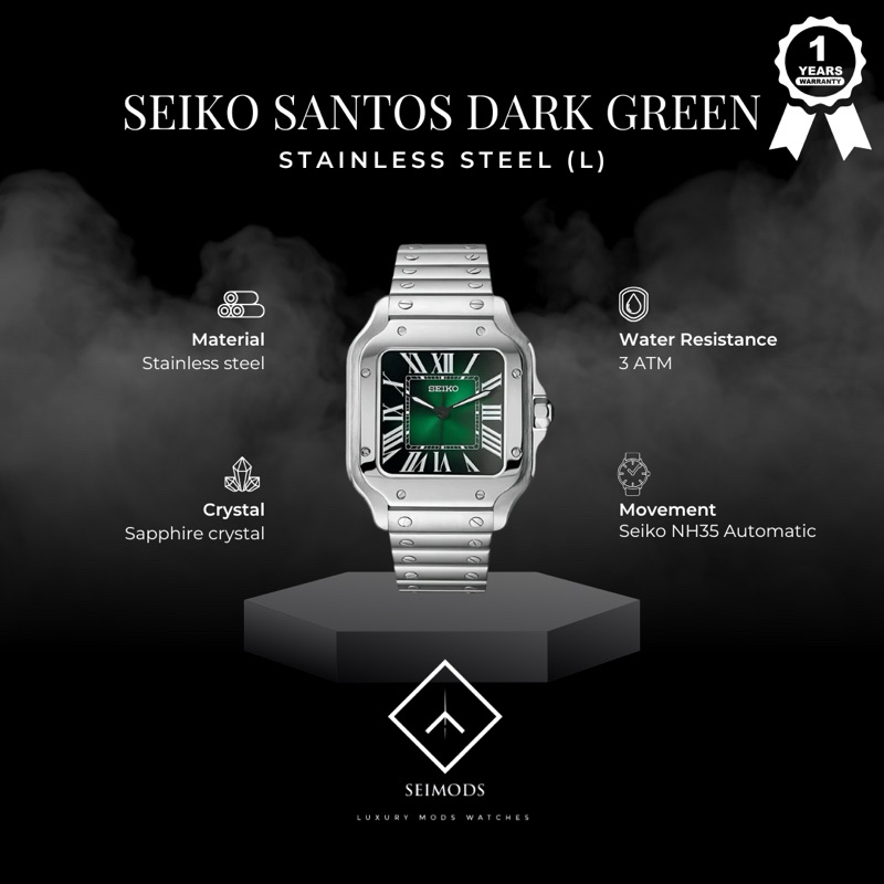 Jam Tangan Seiko Mod Santos L Green Dial NH35 Automatic Watch