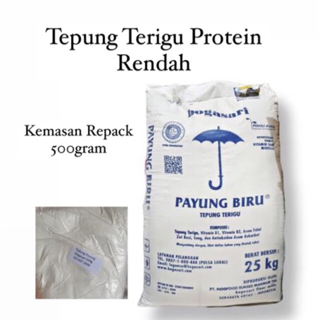 

Tepung terigu protein rendah bogasari payung biru 500gram