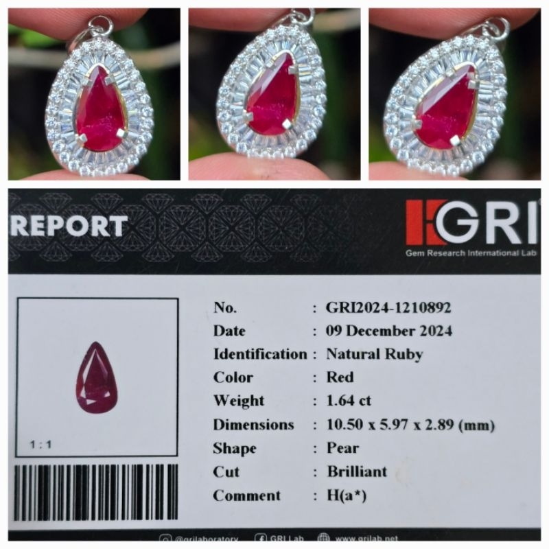 Liontin Natural Red Ruby Heat A Memo 1.64 crt