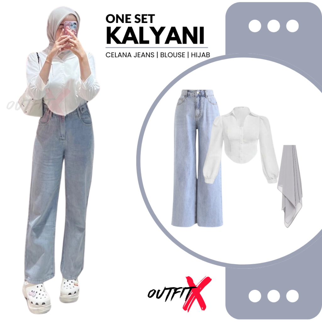 Outfit One Set Kalyani Celana Jeans Blouse Hijab OOTD Wanita Kekinian Korea Style Setelan Hangout