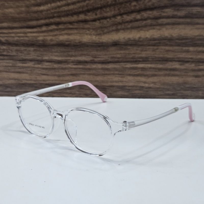 frame kacamata pria wanita remaja size kecil bulat bahan plastik TR90 JF8021 004 47 pink clear trans