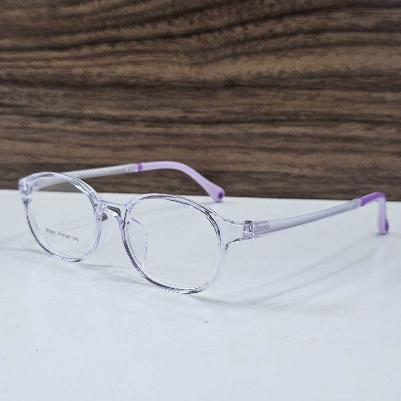 frame kacamata pria wanita remaja size kecil bulat bahan plastik TR90 JF8021 011 47 ungu transparan