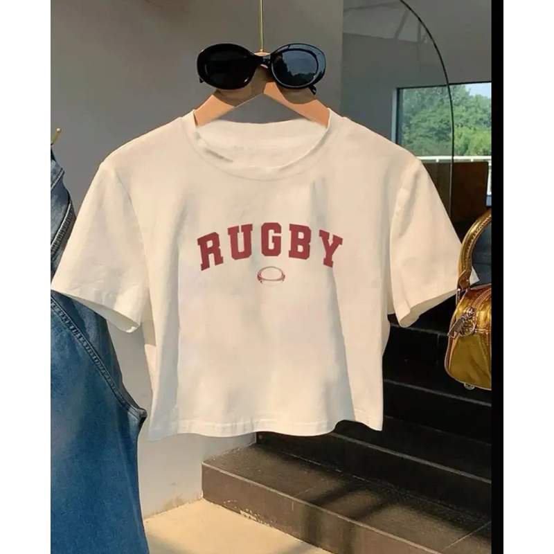 Women's Y2K Style Rugby Letter Print Crop Top T-Shirt, Polyester 95% Elastane 5%, Crew Neck, Short S